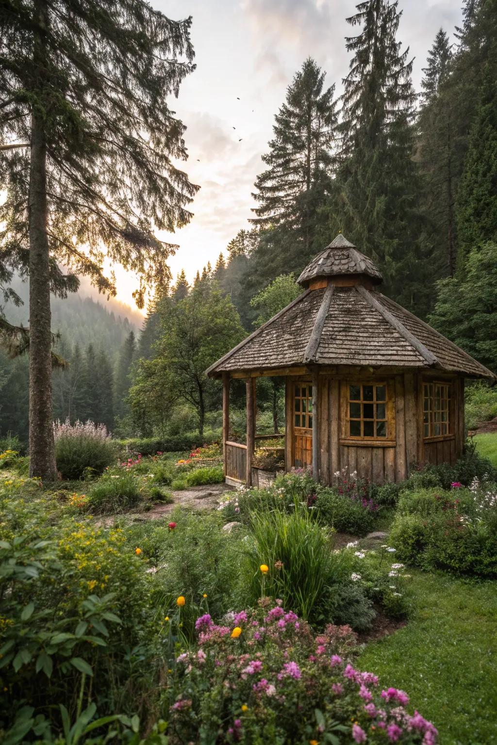 A rustic cabin retreat nestled in the heart of the garden.