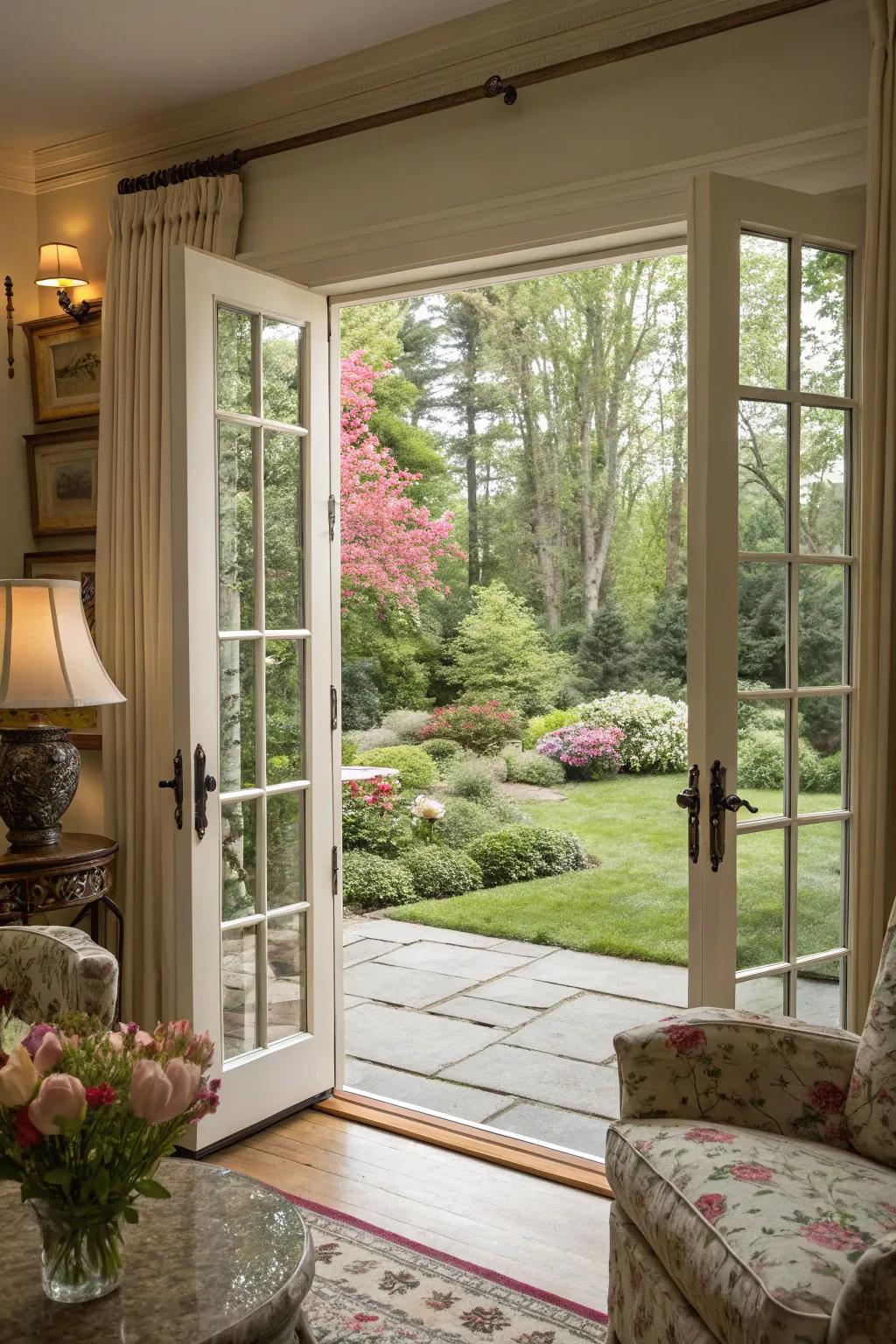 French doors highlighting stunning garden views.