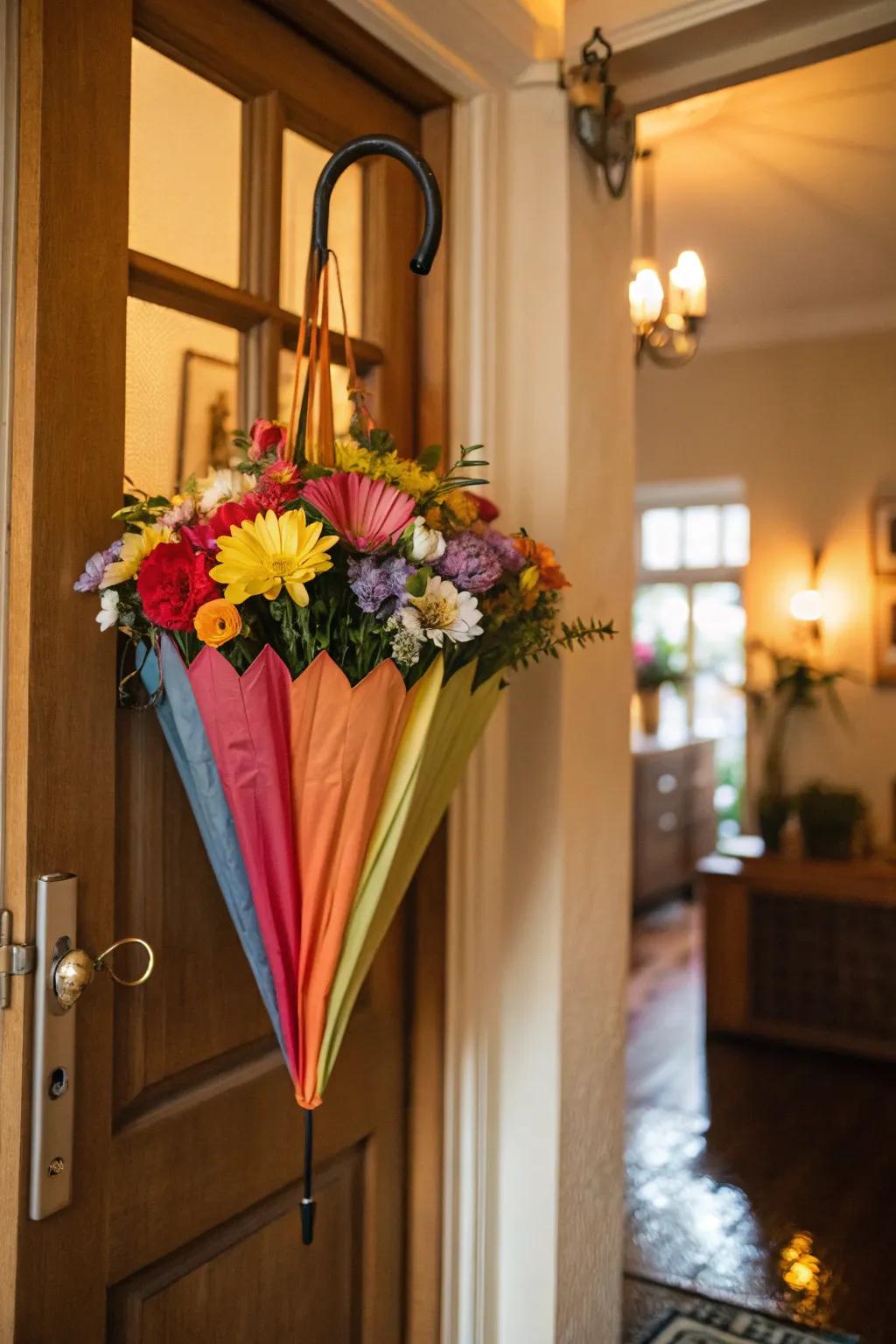 A whimsical umbrella wreath adding a playful touch to your entrance.