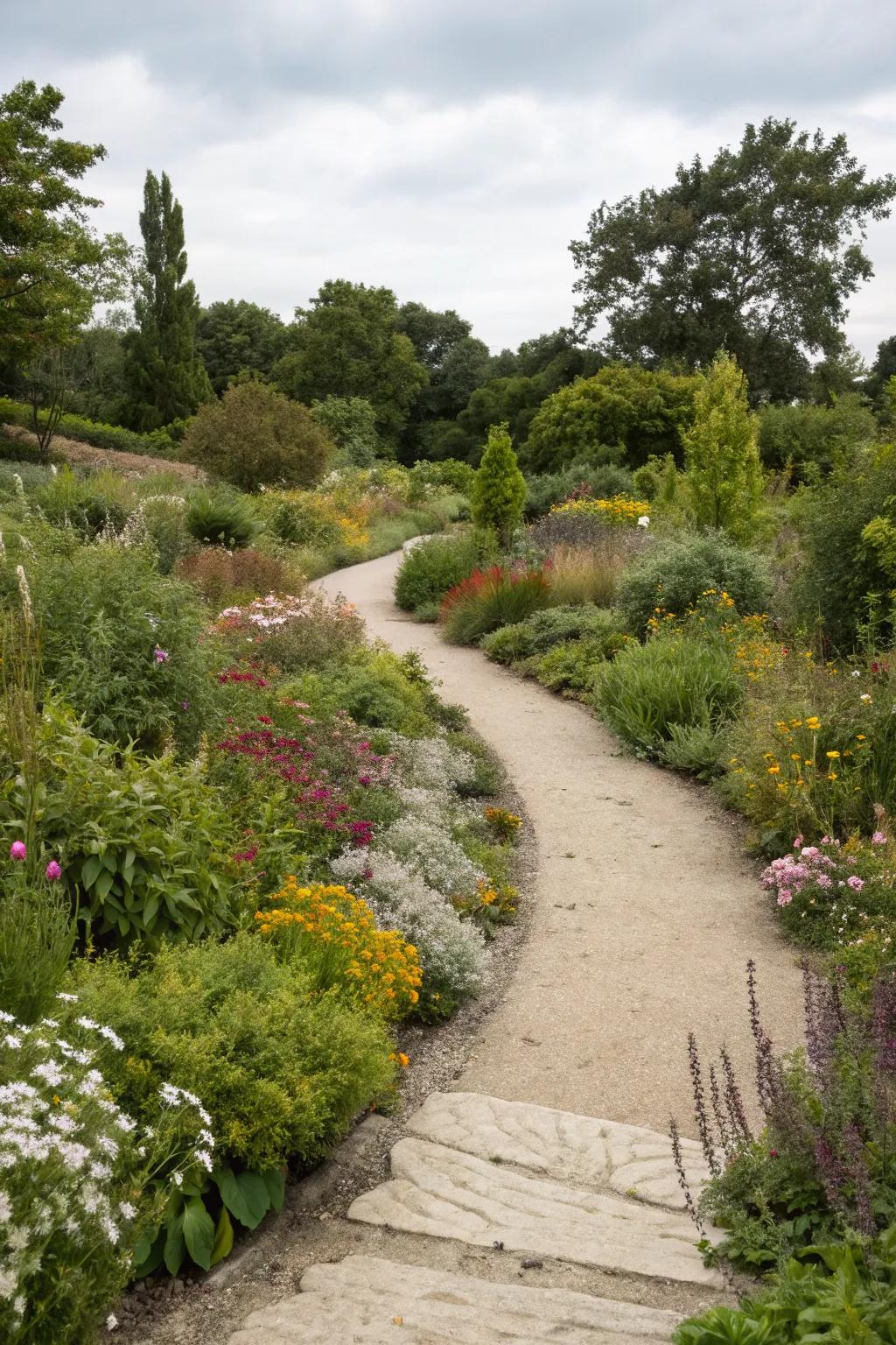 An informal walkway with an asymmetrical design, adding charm and character.