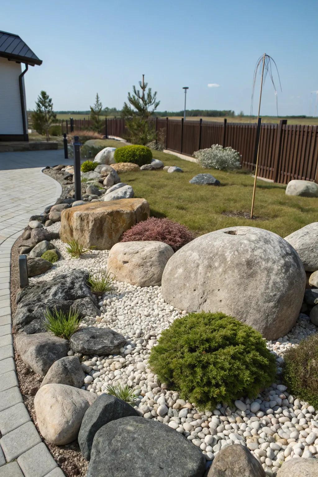 A rock garden showcasing a mix of pebbles, boulders, and crushed stones.