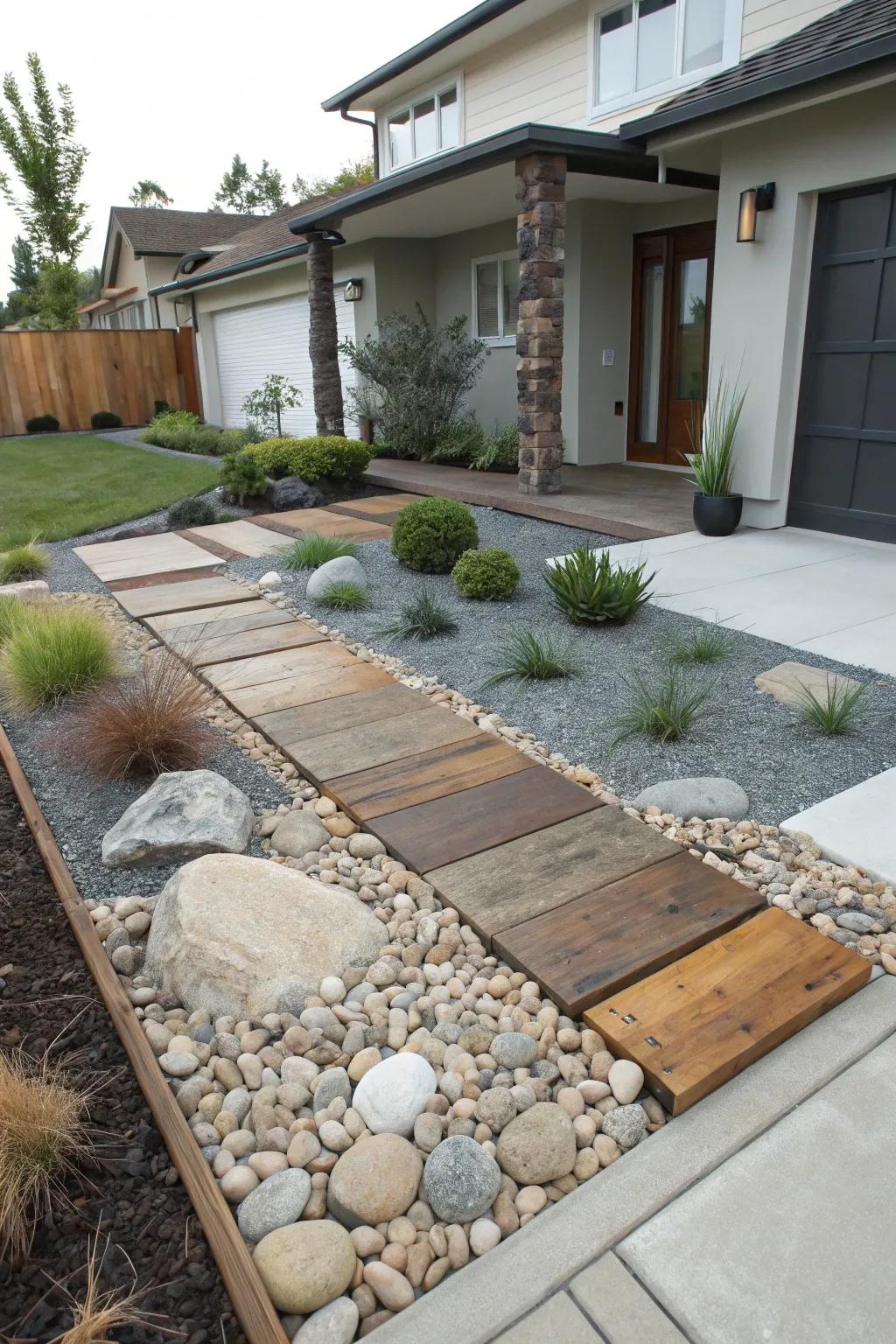 Diverse textures with gravel, wood, and stone add depth to modern landscapes.