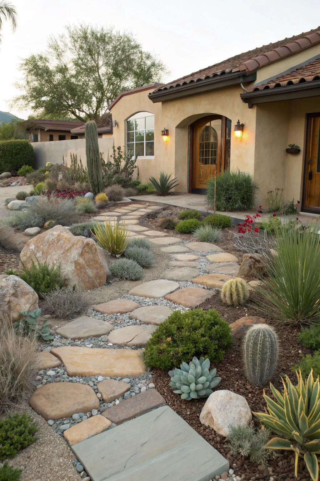 Stone pathways provide direction and charm in xeriscape gardens.