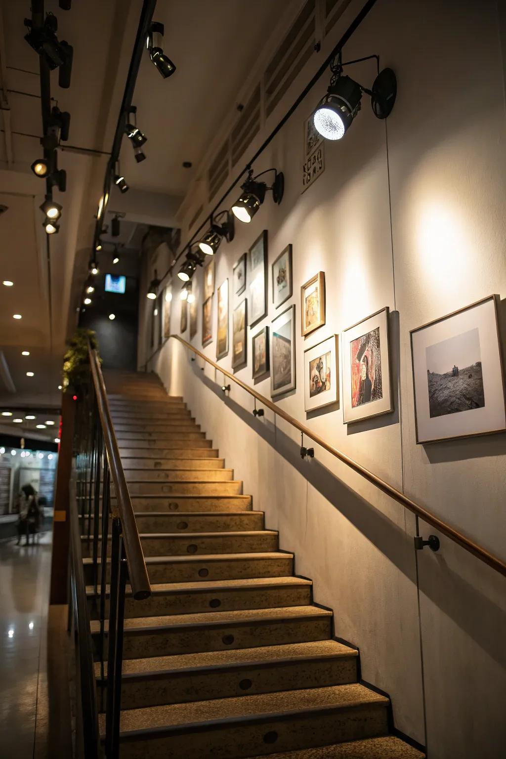 Strategic lighting enhances the gallery wall's impact.