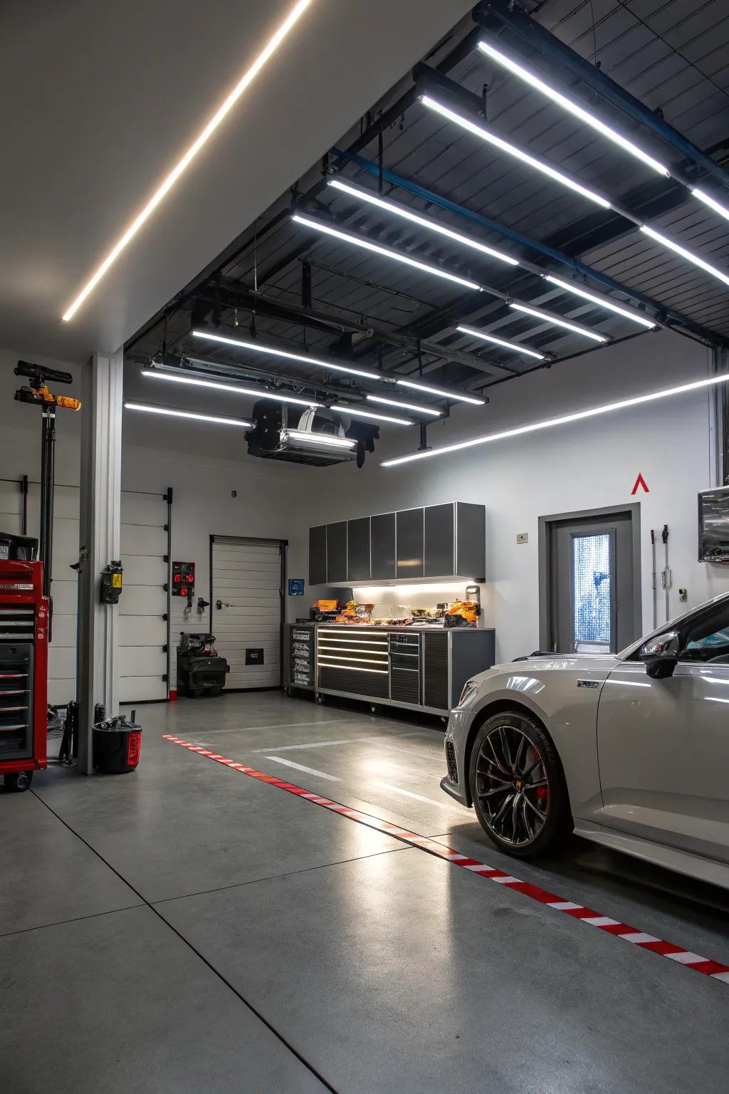 Creative lighting solutions transform the garage's atmosphere.