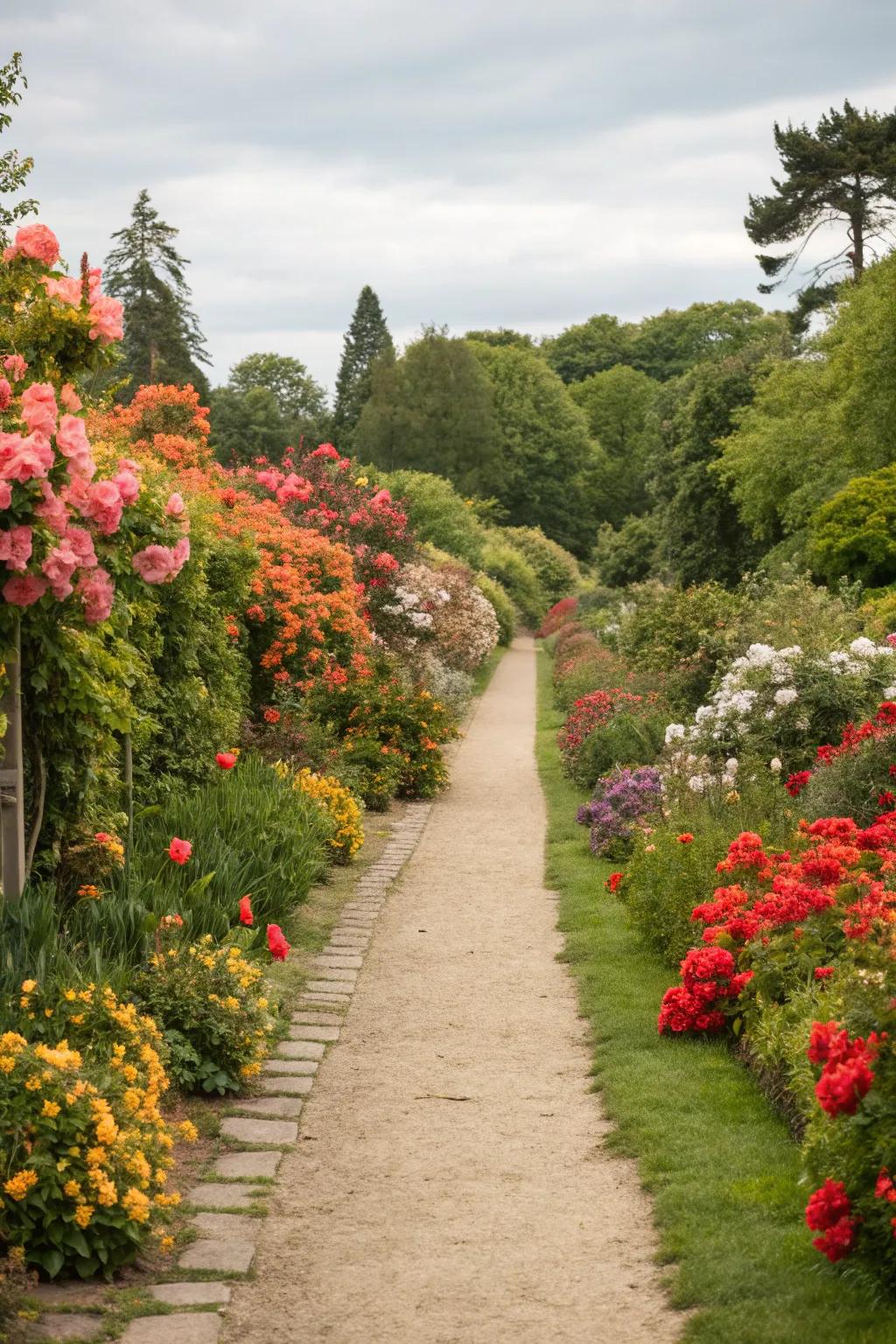 Vibrant floral borders add color and definition to garden paths.