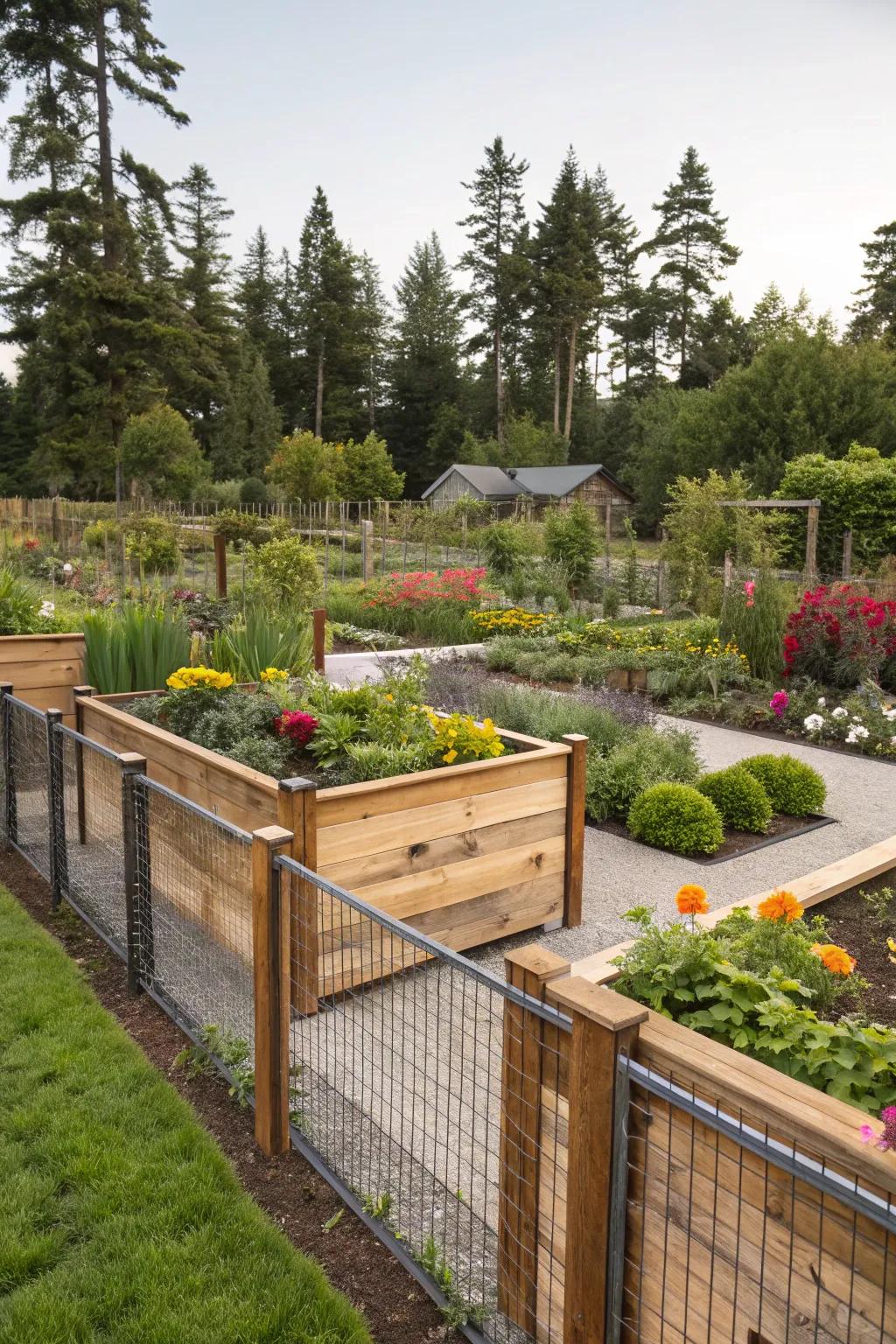 Mixed materials create a visually intriguing garden fence.