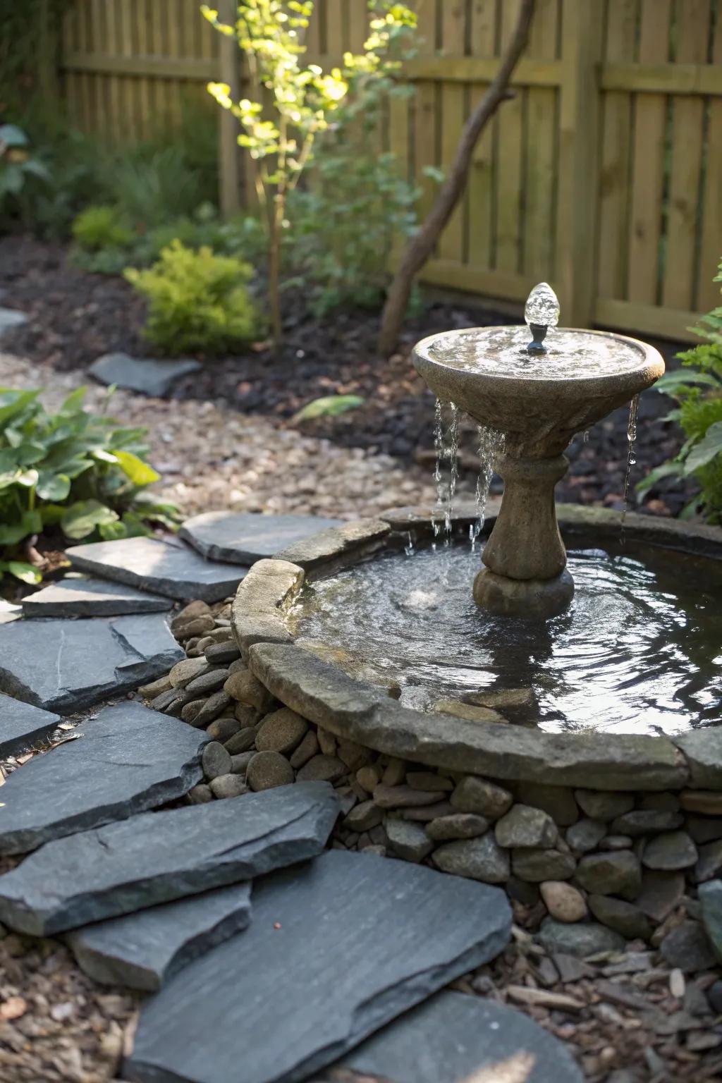 Elevate your garden with a serene water feature framed by slate chippings.