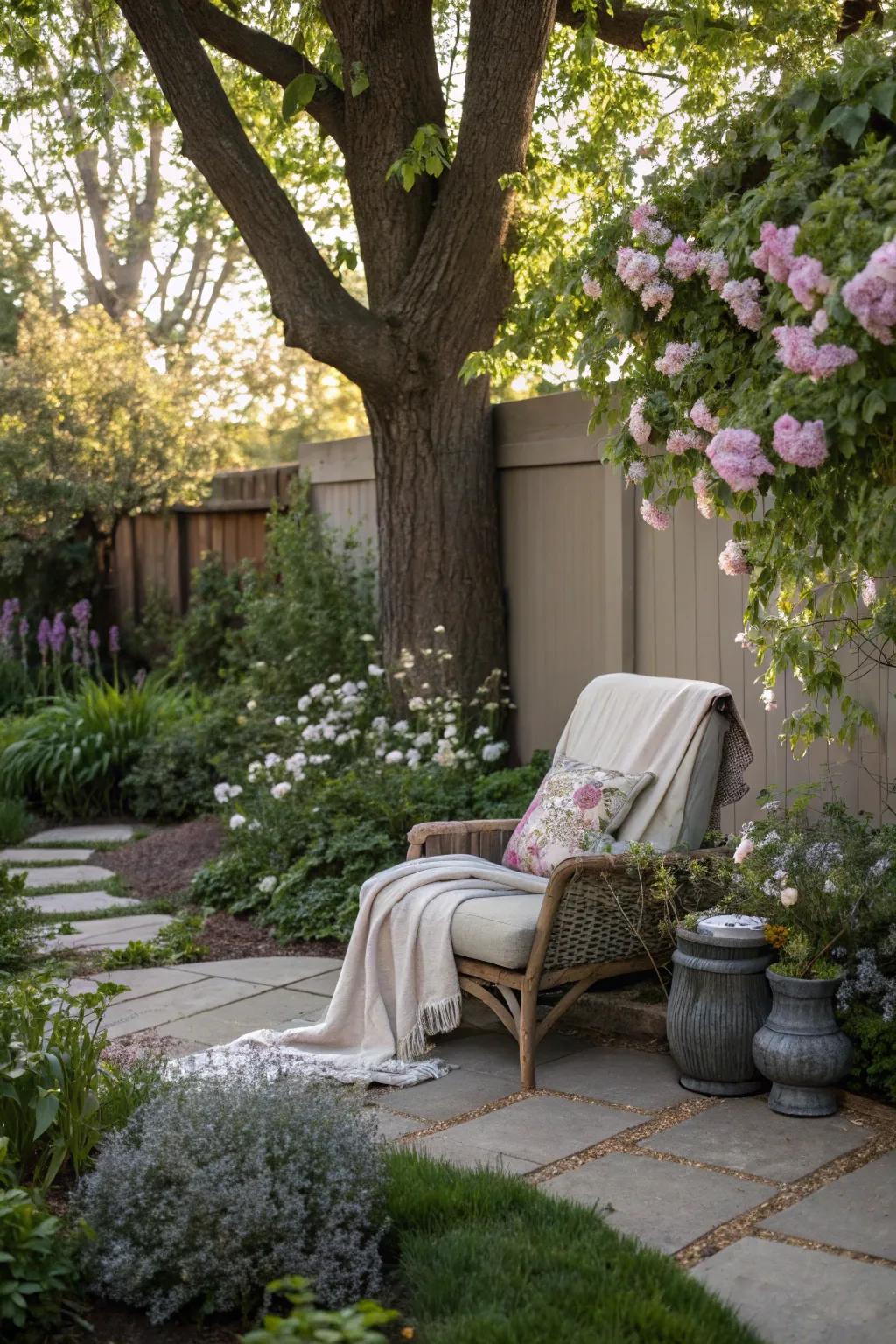 A cozy garden nook with a tree providing a serene backdrop.