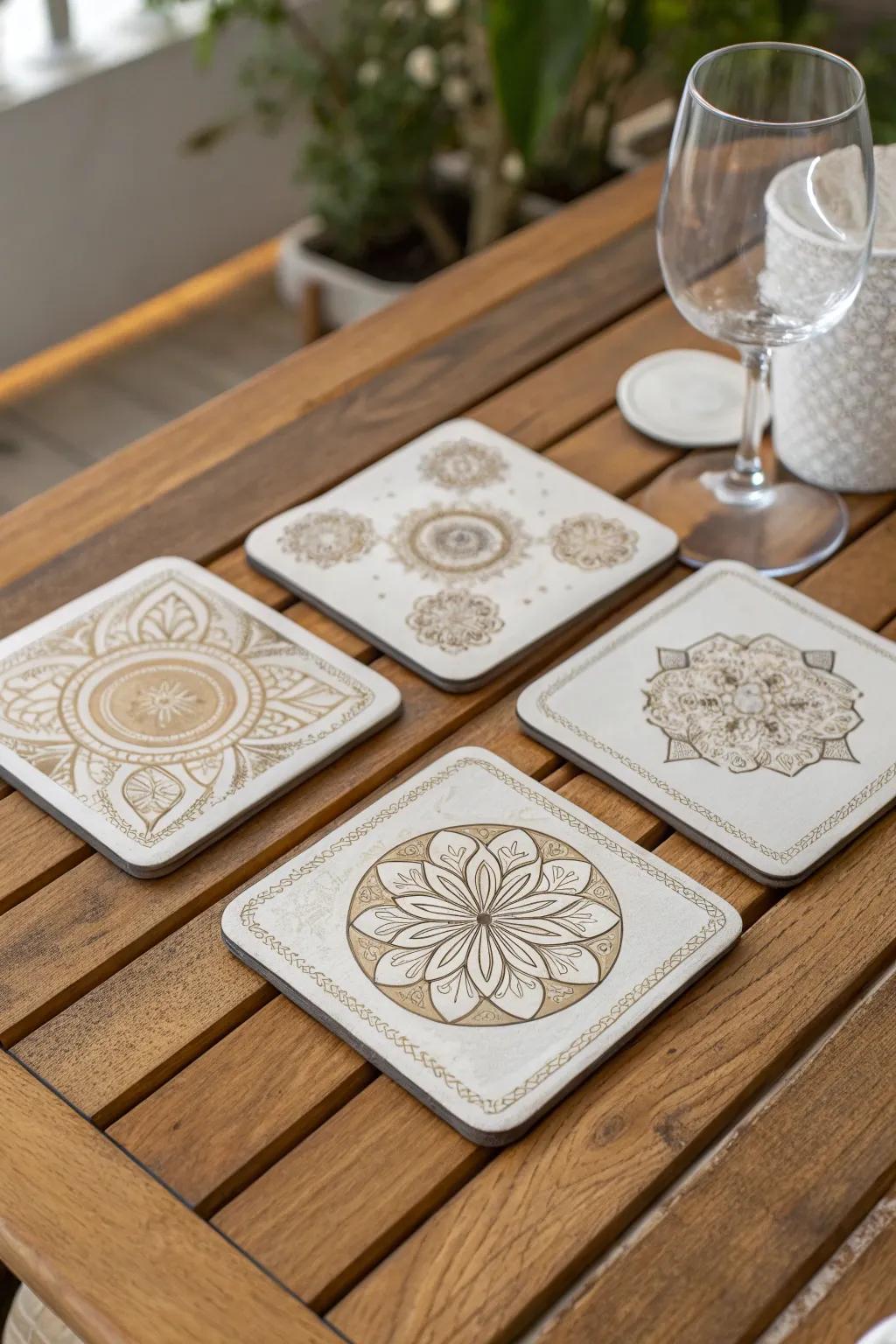 Protect surfaces with personalized coasters.