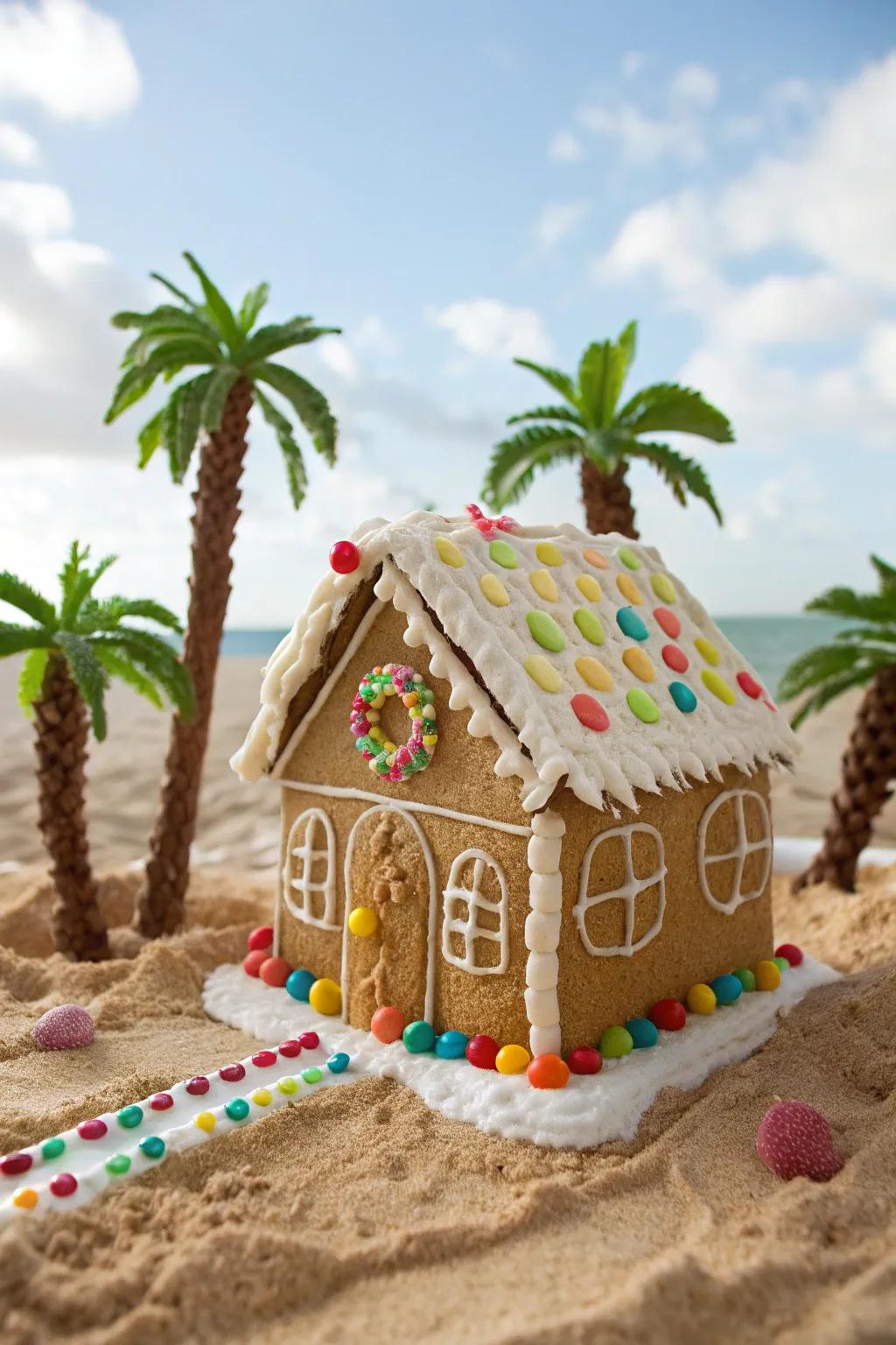 A gingerbread beach house evoking tropical vibes.