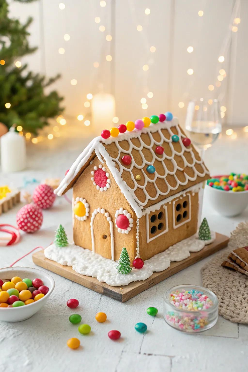 A gingerbread roof with rainbow candy tiles.