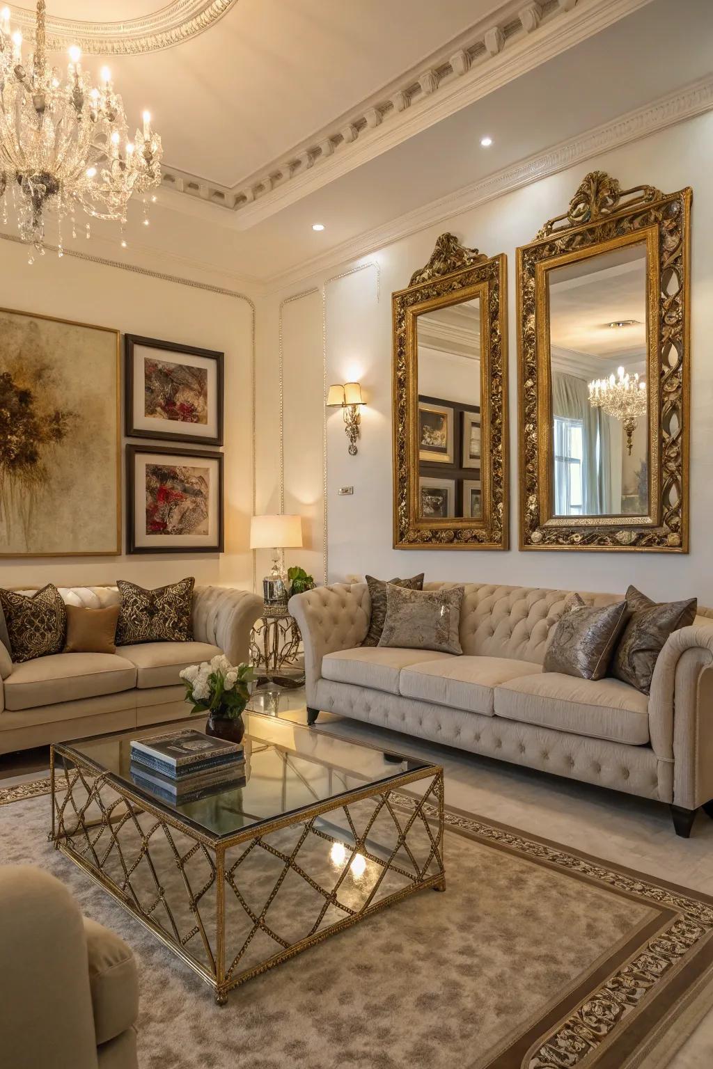 A bright living room with mirrors enhancing light and space.