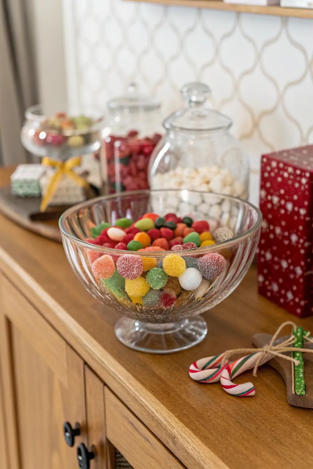 A sweet and stylish glass bowl filled with candies and decorative accents.