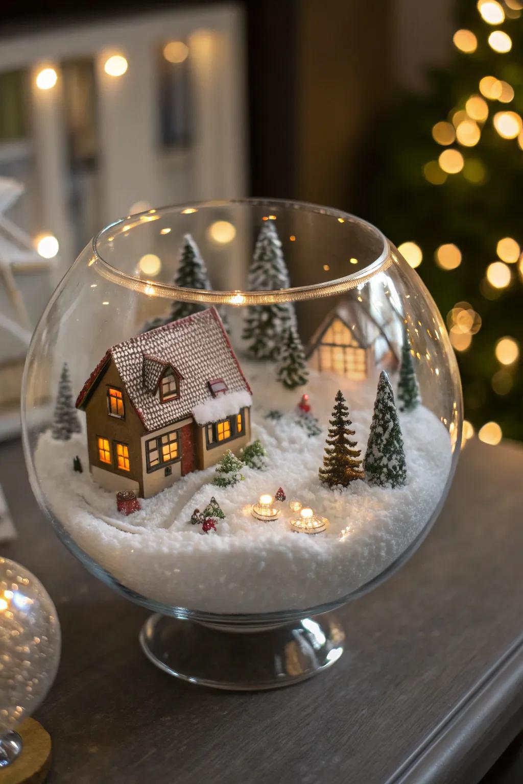 A charming winter village scene in a glass bowl.