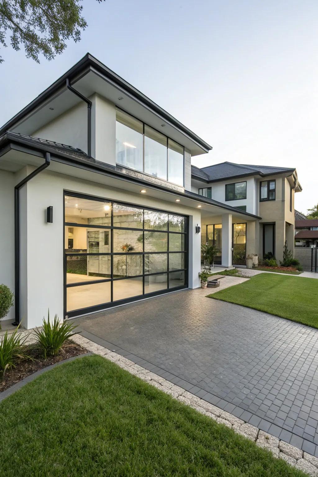 A home where the architecture shines through with a glass garage door.