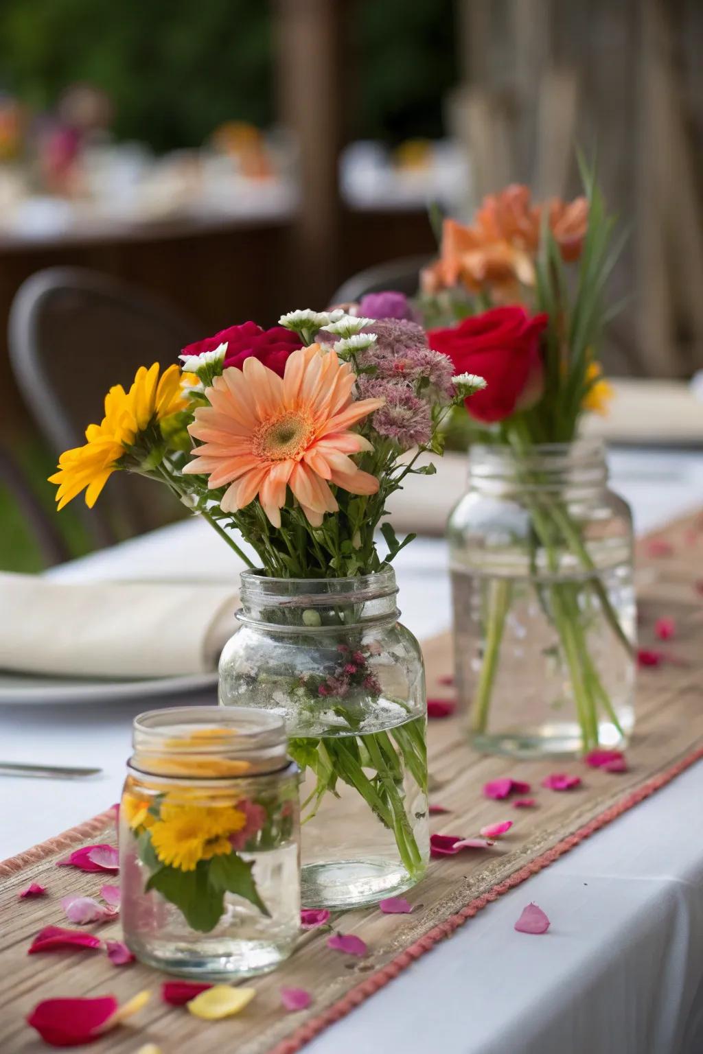 Floating flowers in jars make for enchanting table centerpieces.