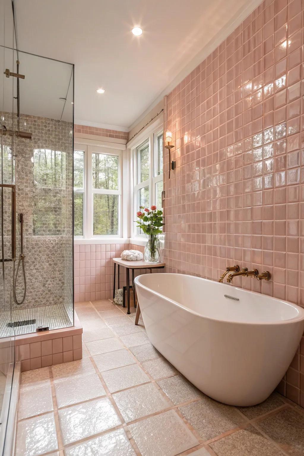 Glossy glass tiles in soft hues create a spa-like bathroom retreat.