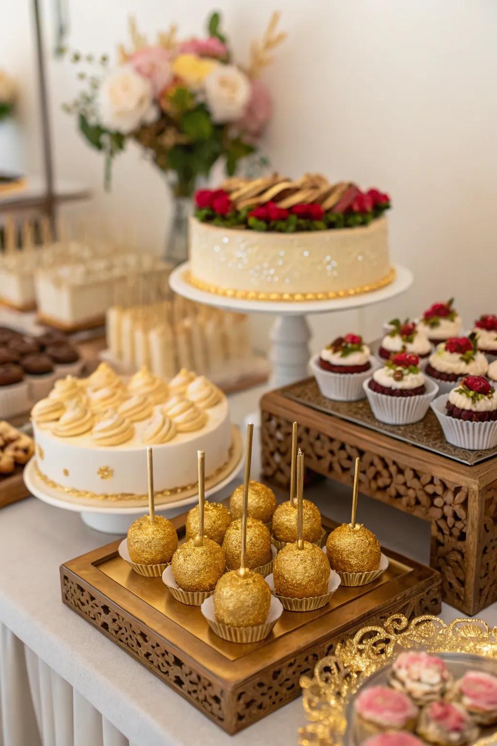 Gold-decorated desserts add a luxurious feel to the dessert table.