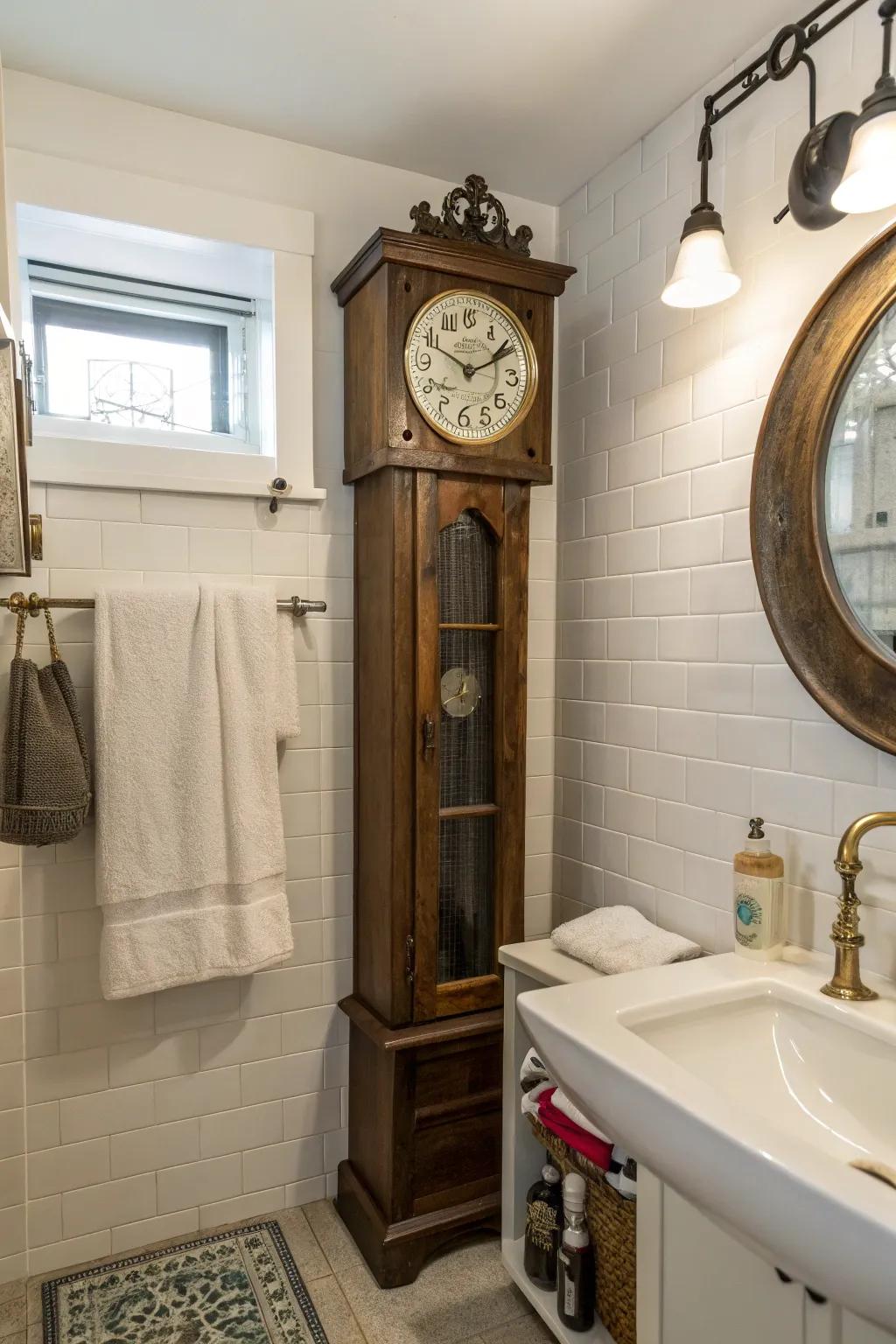 A grandfather clock in the bathroom surprises and delights as a towel holder.