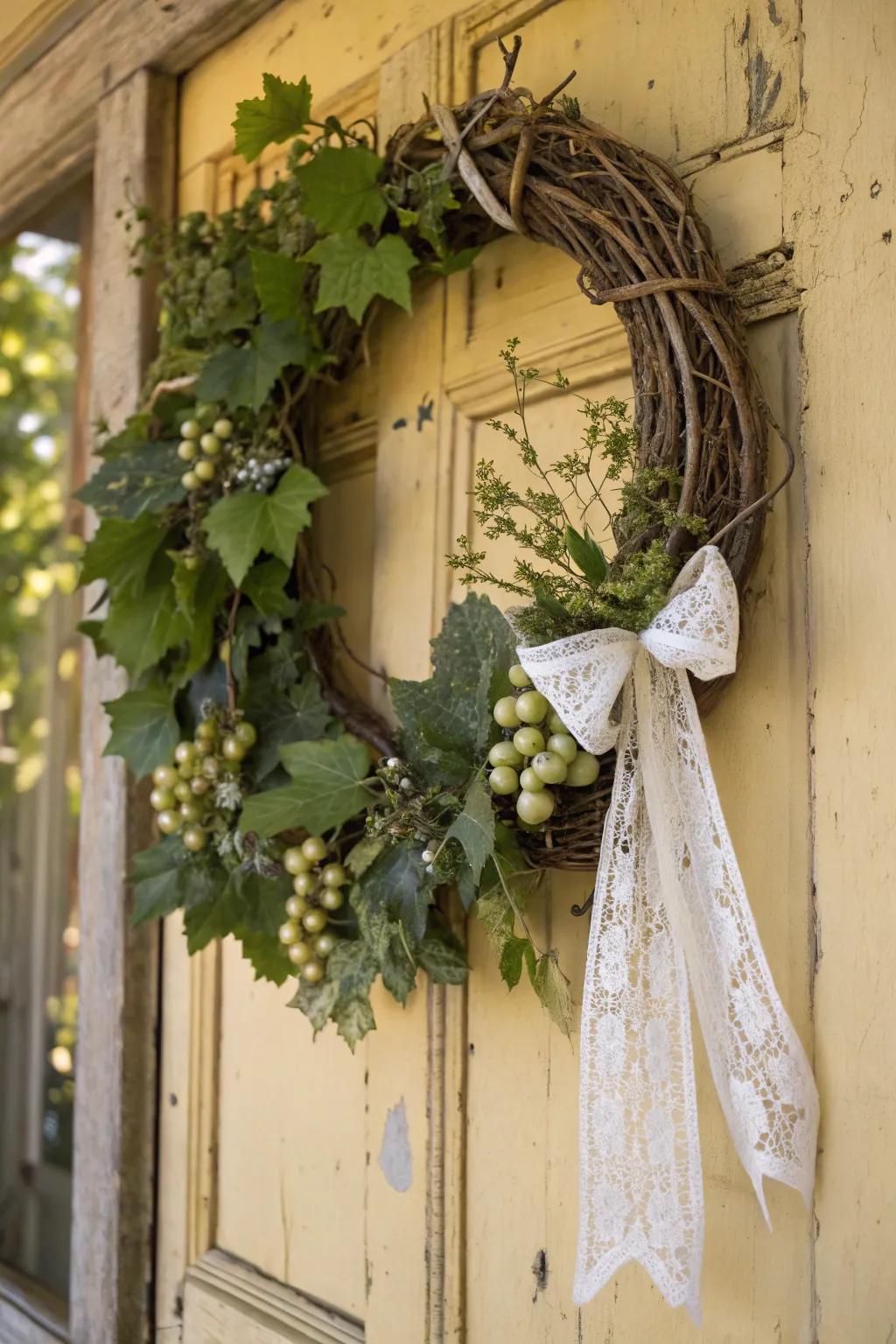 A vintage-inspired grapevine wreath with lace and ornaments.