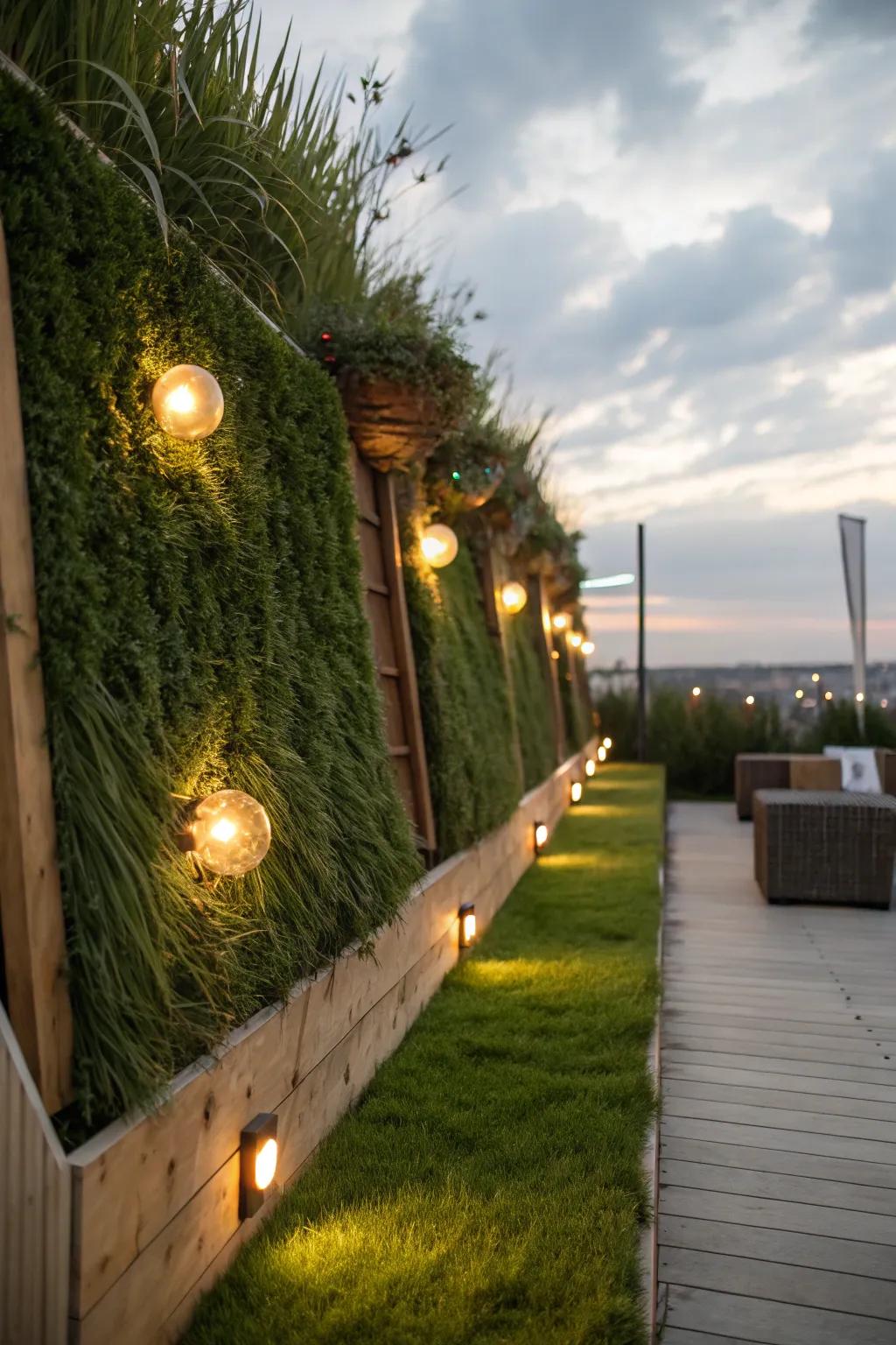 Integrated lighting enhances the beauty and texture of a grass wall with a warm glow.