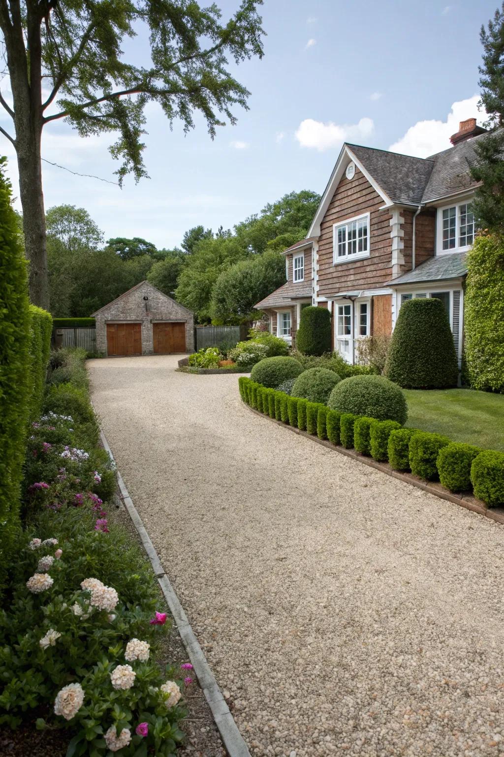 Shrubs serve as natural dividers, adding privacy and greenery.