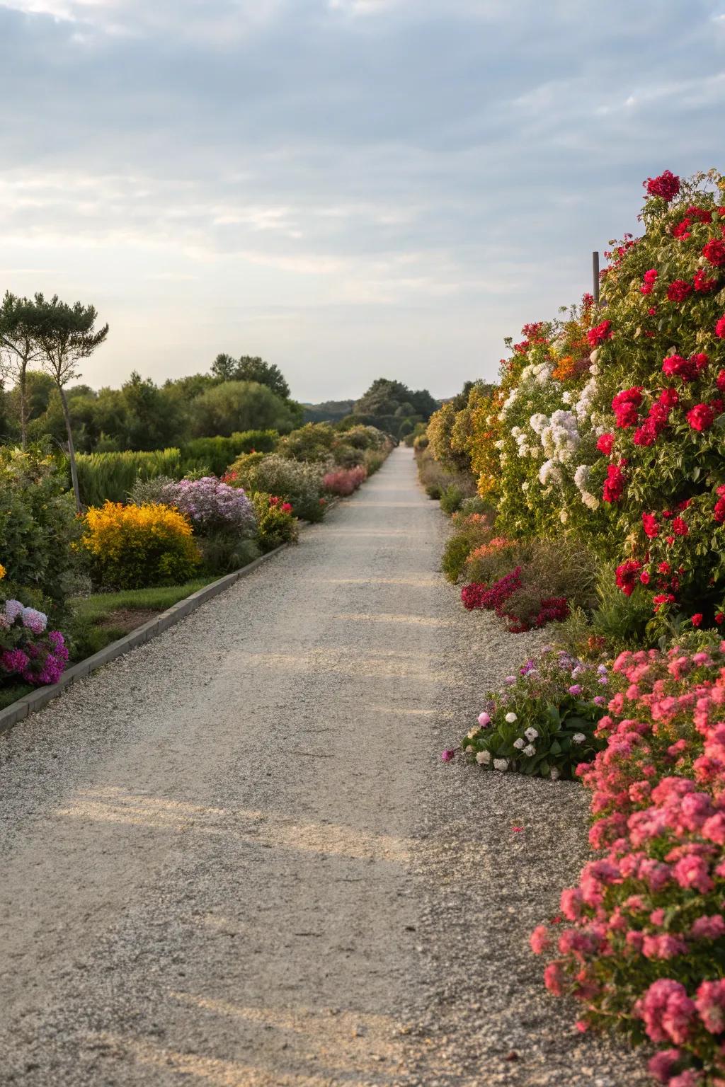 Flower beds frame this gravel driveway with color and fragrance.