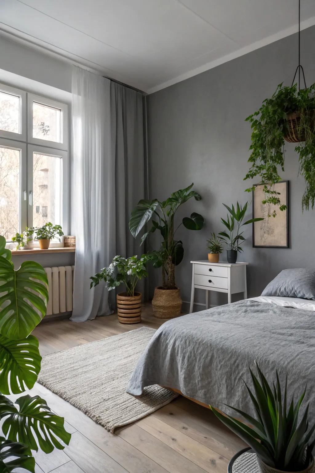 A tranquil gray bedroom with lush green plants.