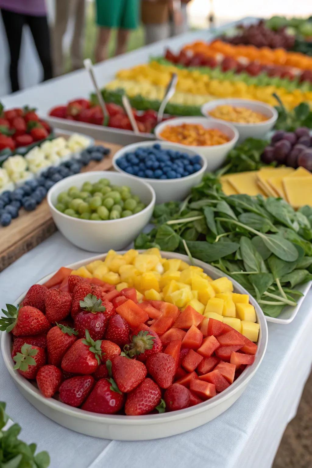 A visually stunning rainbow-themed grazing table.