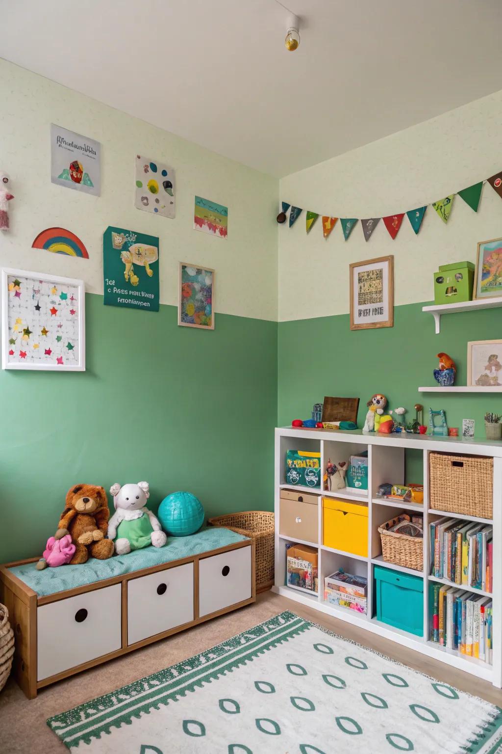 A two-tone green wall adds playfulness to this children's room.