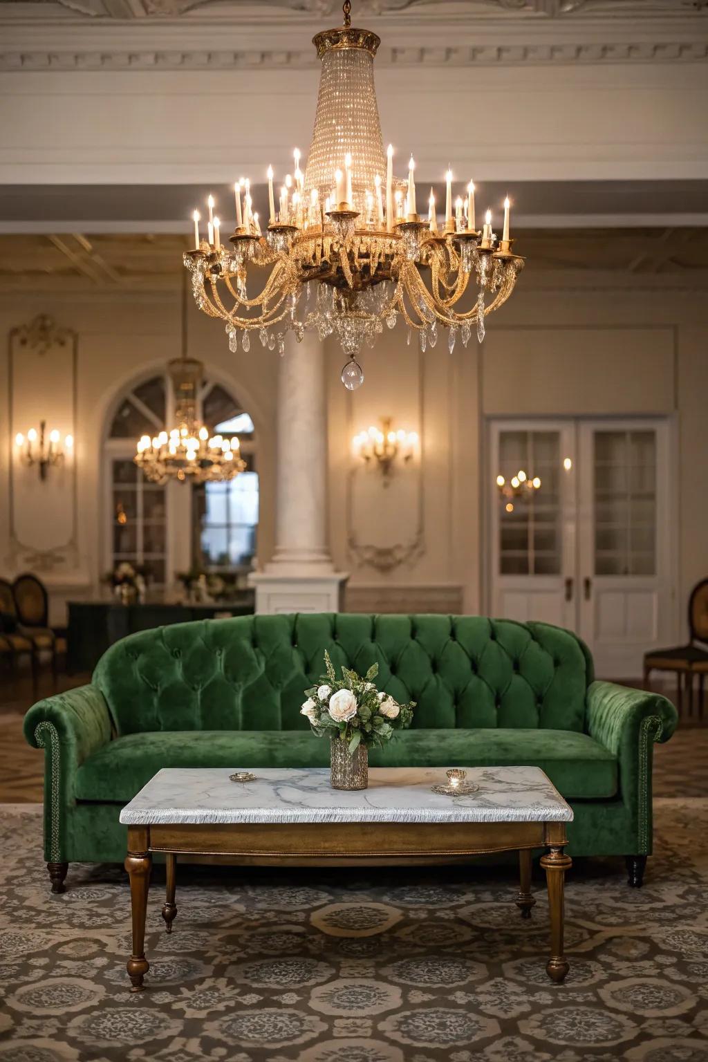 A charming living room with a green velvet couch and vintage decor.