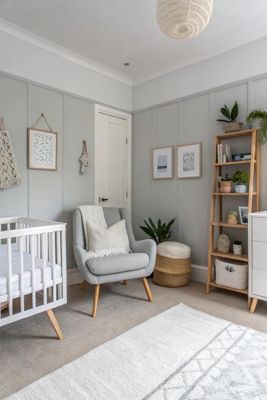 Crisp grey and white create a sophisticated and airy space.