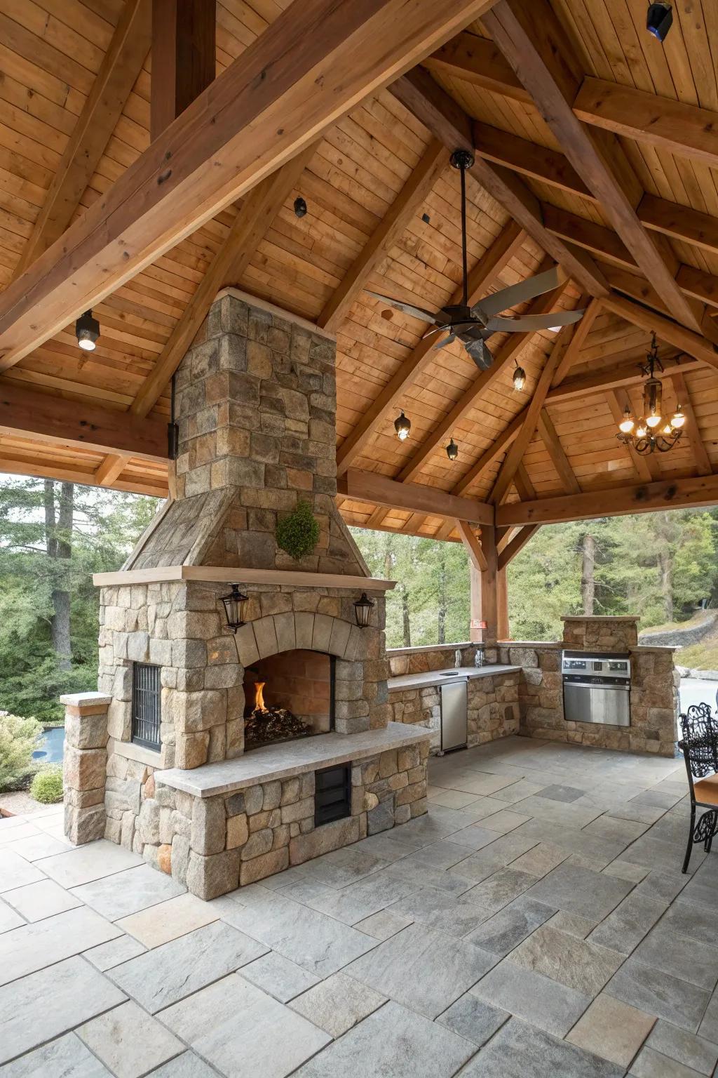 A rustic stone pavilion offers charm and durability in one.