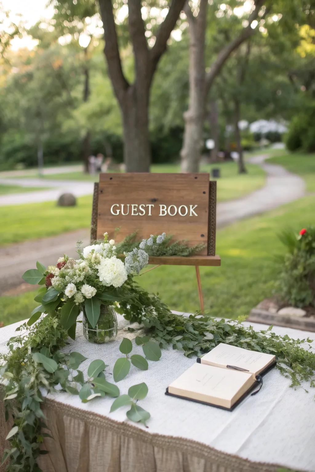 An outdoor guest book table blends beautifully with nature.