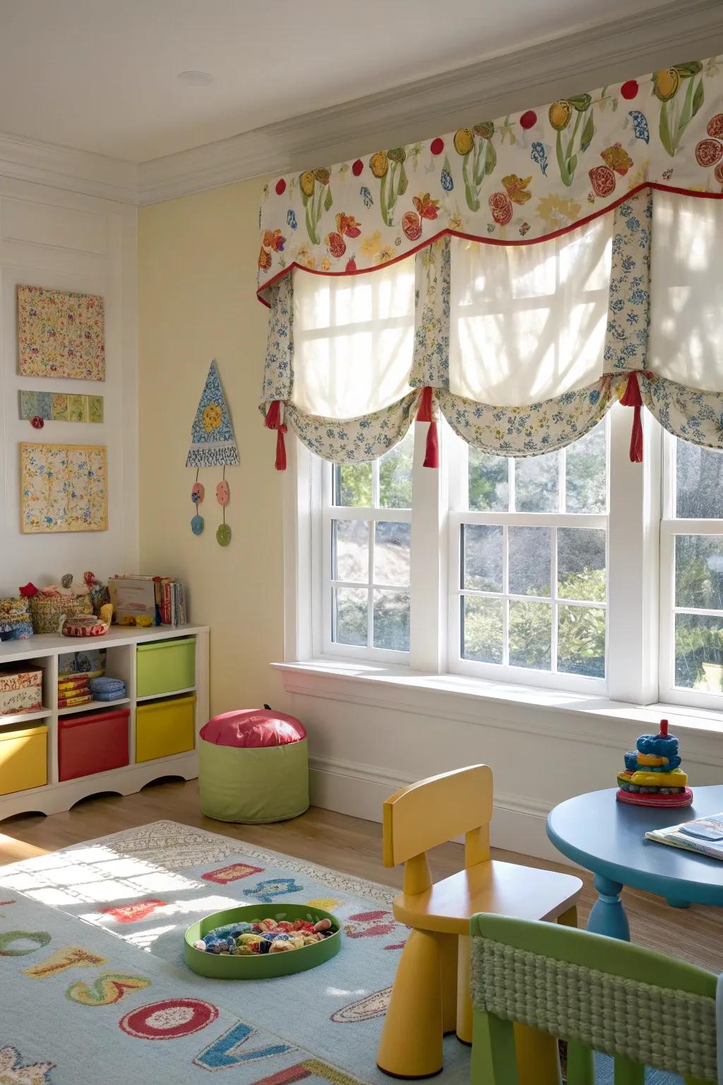 Cheerful children's room with scalloped valance.