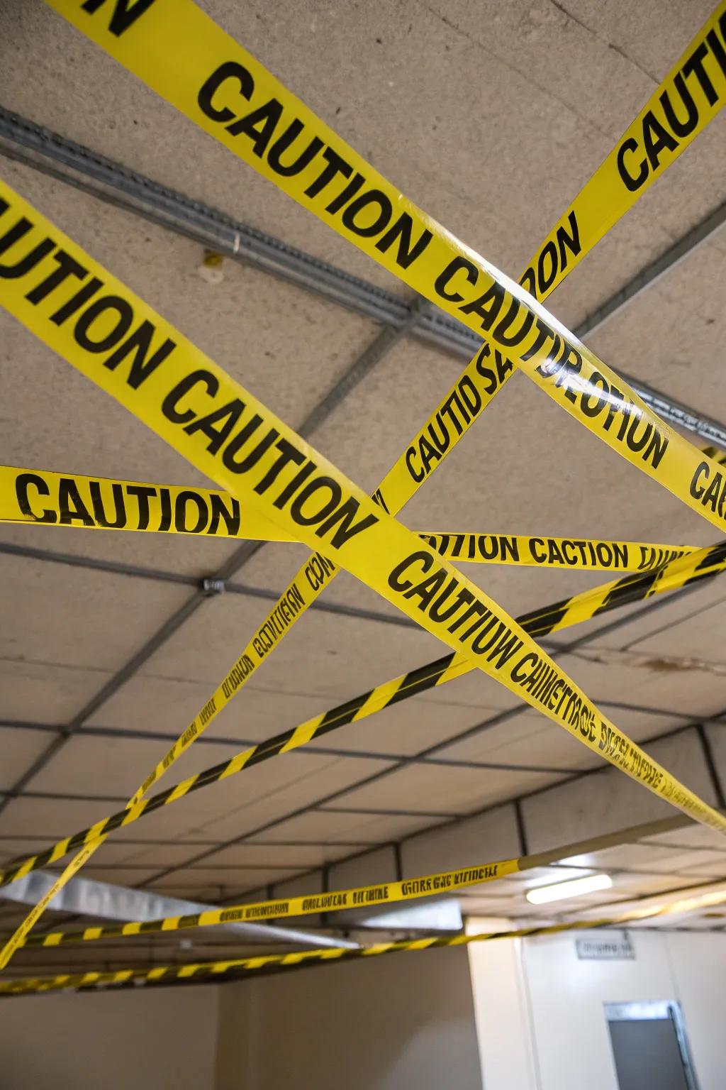 Caution tape suspended from the ceiling for a haunting feel.