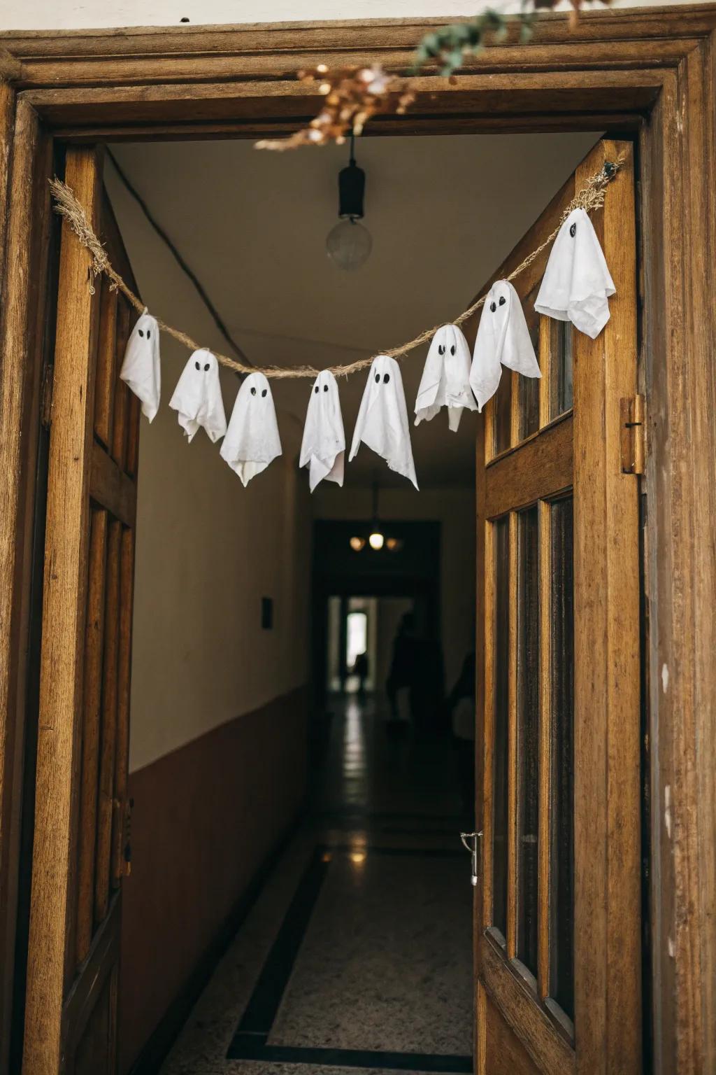 A ghostly garland brings a gentle eeriness to your entrance.