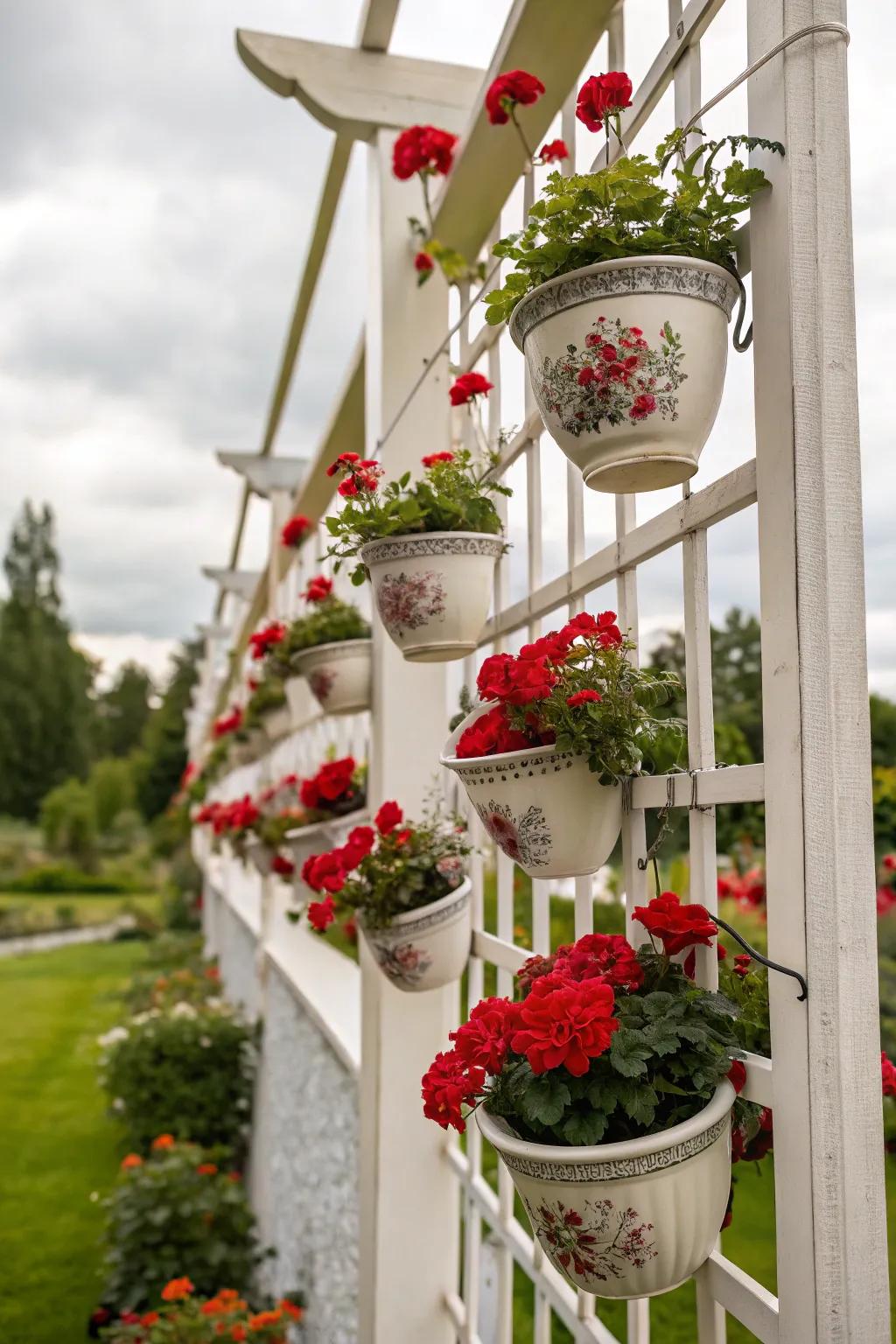 Teacups bring a whimsical touch to geraniums.