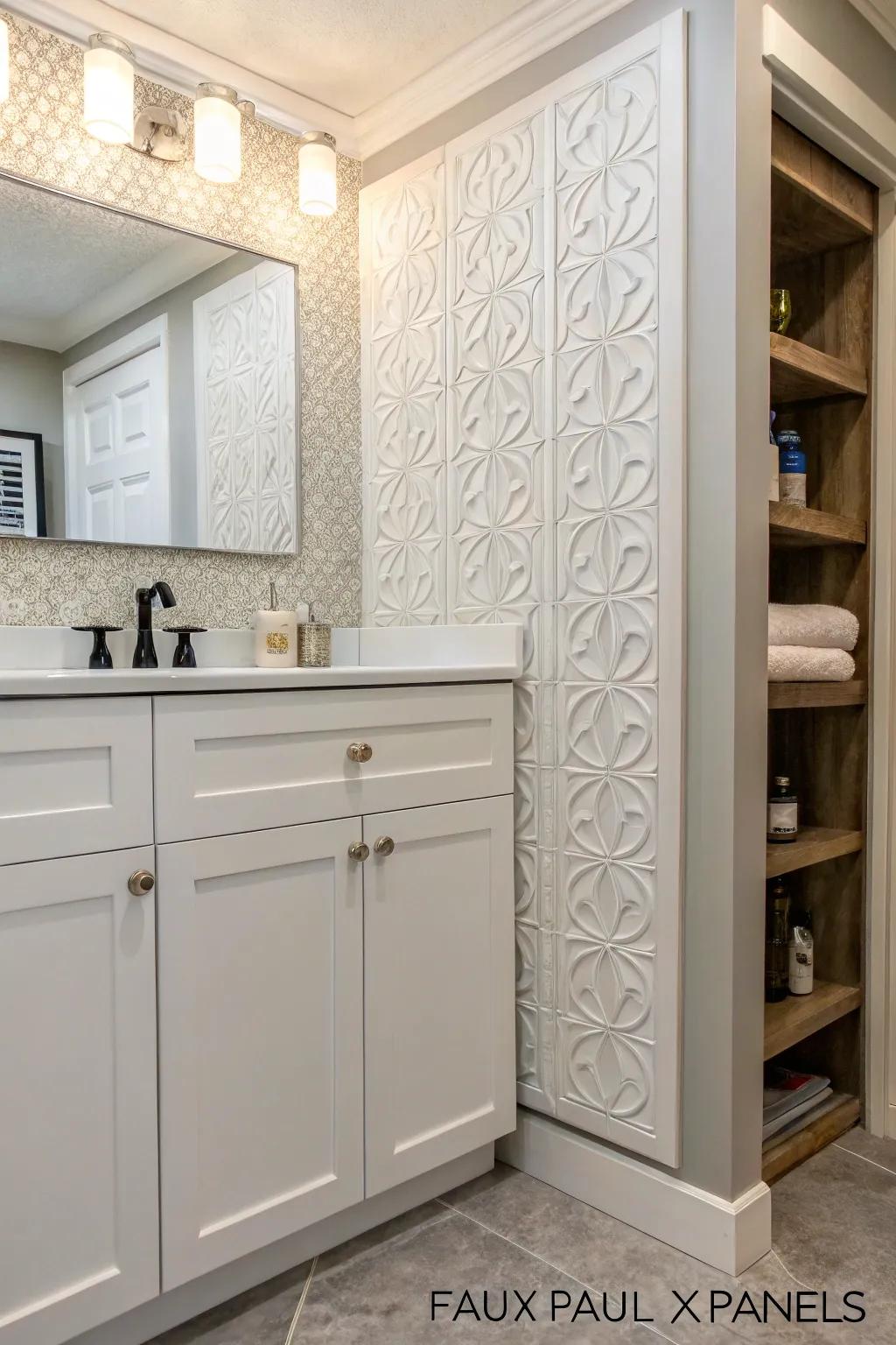 Faux wall panels concealing a hidden medicine cabinet.