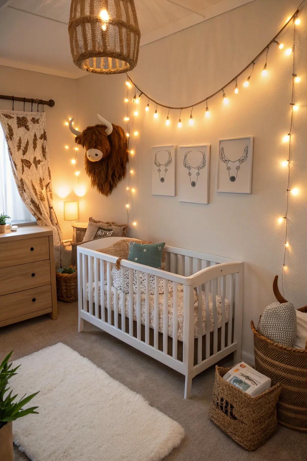 Soft lighting enhances the cozy and nurturing feel of the nursery.