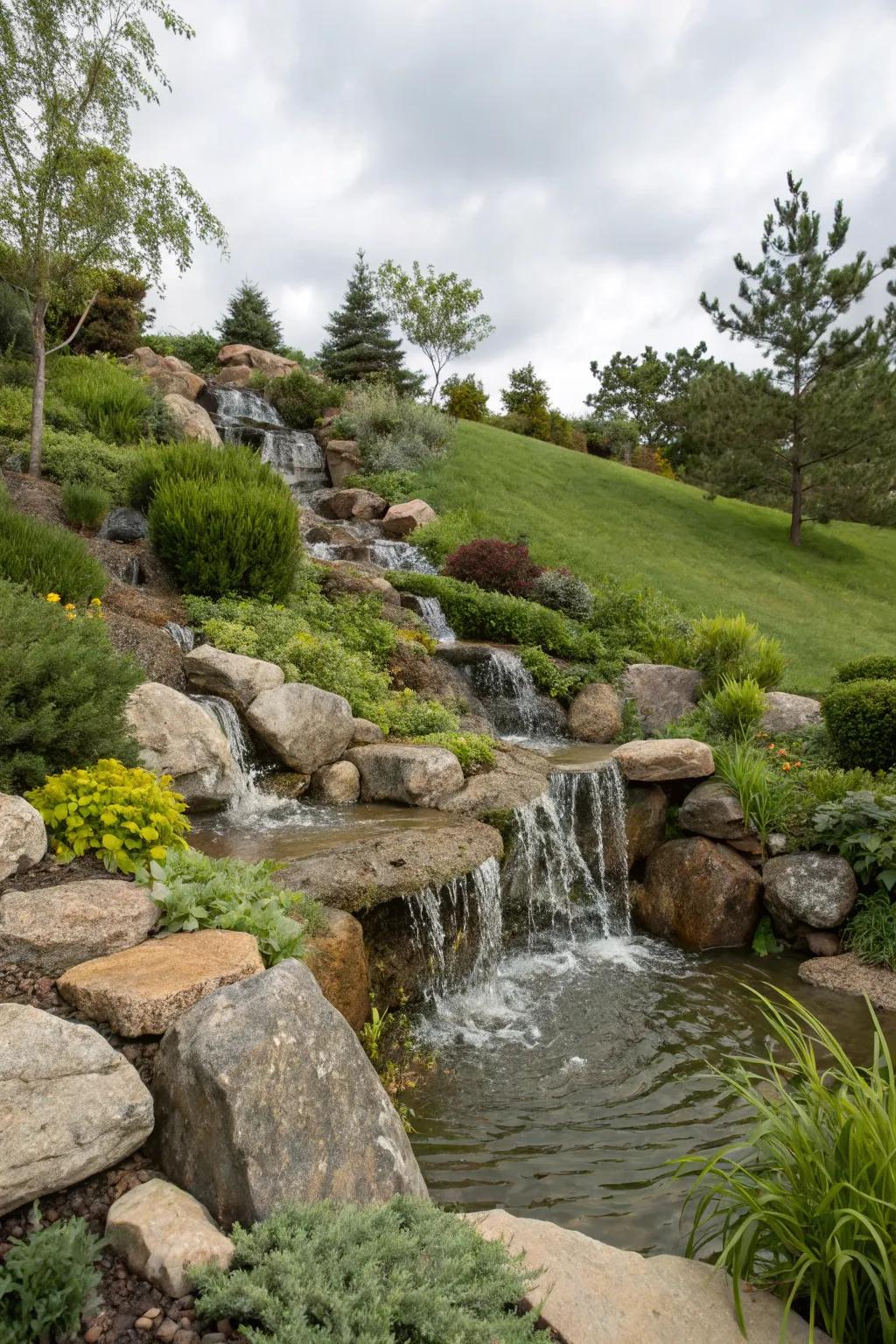 Water features like waterfalls add tranquility to hillside gardens.