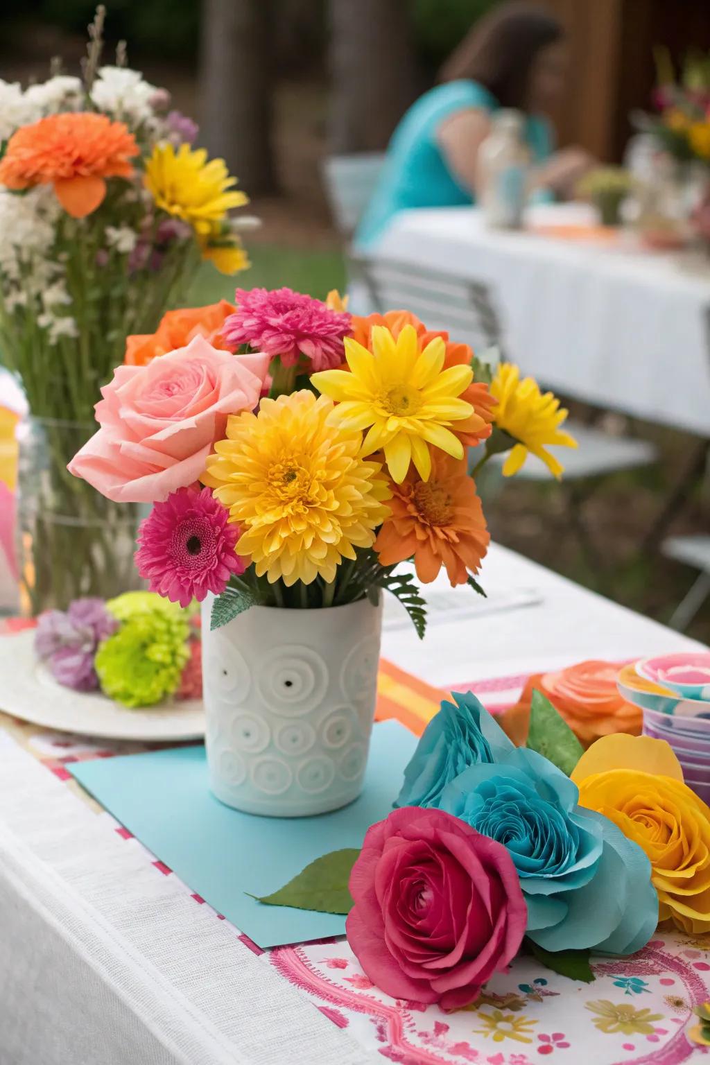 Floral decorations adding a fresh touch to the party decor.