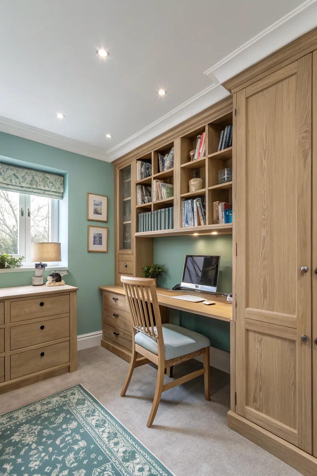 Aqua walls create a peaceful and refreshing atmosphere in this home office.