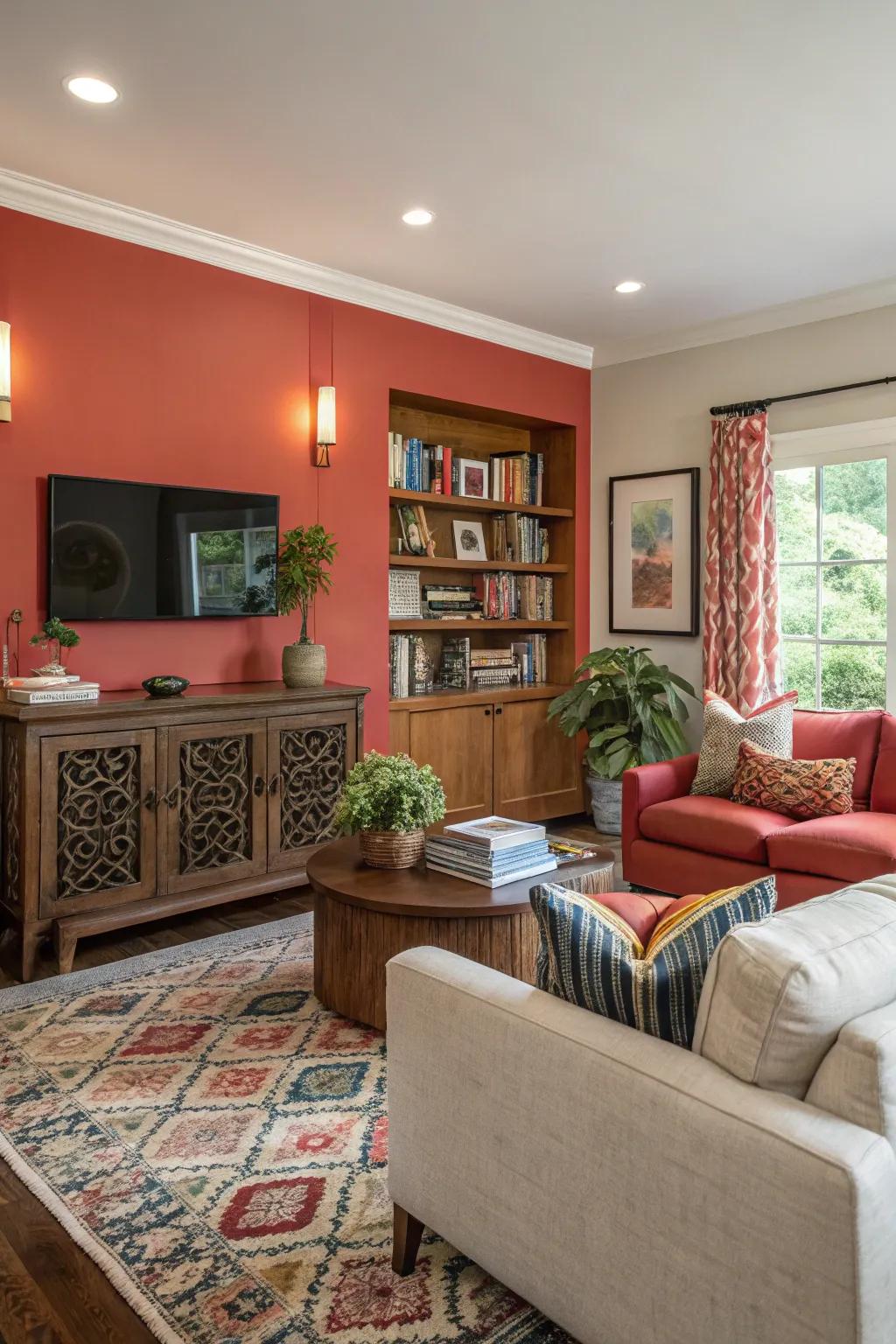 A living room featuring a bold accent wall for added drama.