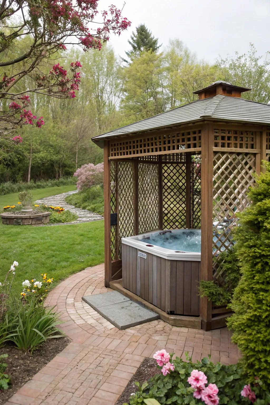 A gazebo with privacy features for a secluded oasis.