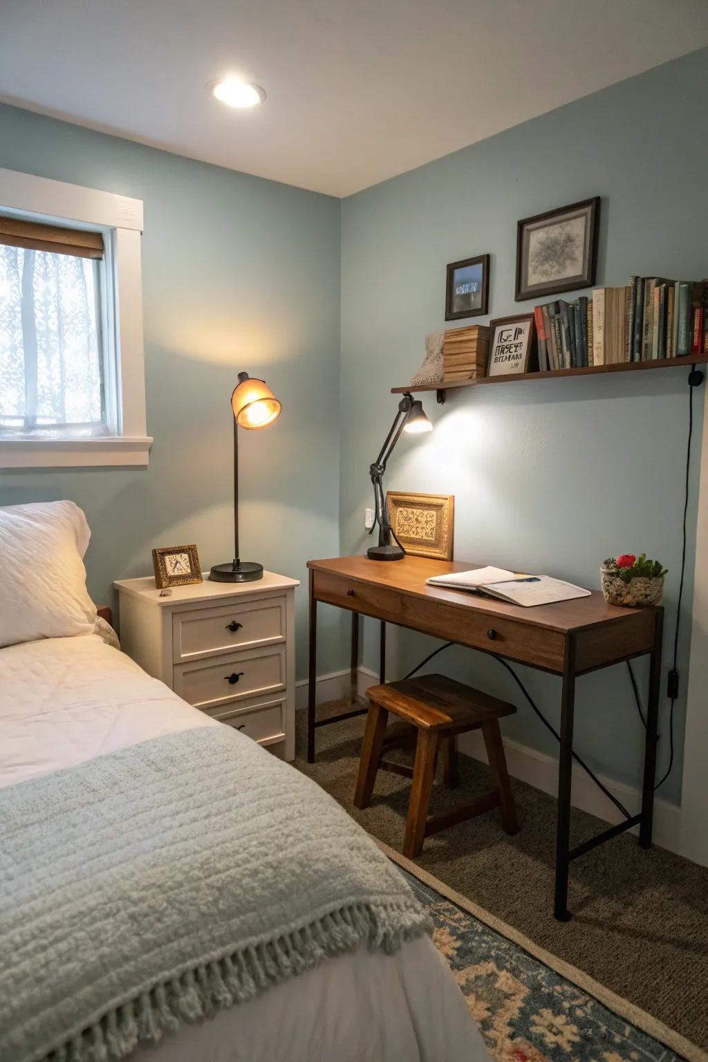 Ambient and task lighting create a cozy atmosphere in a small bedroom.