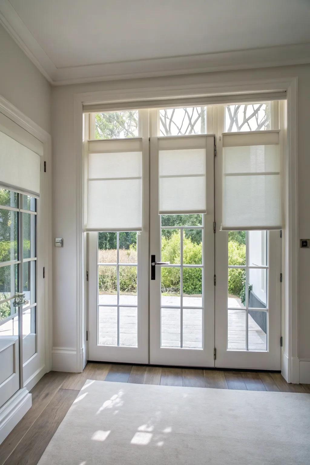 Roller shades offer a simple and modern solution for French doors.