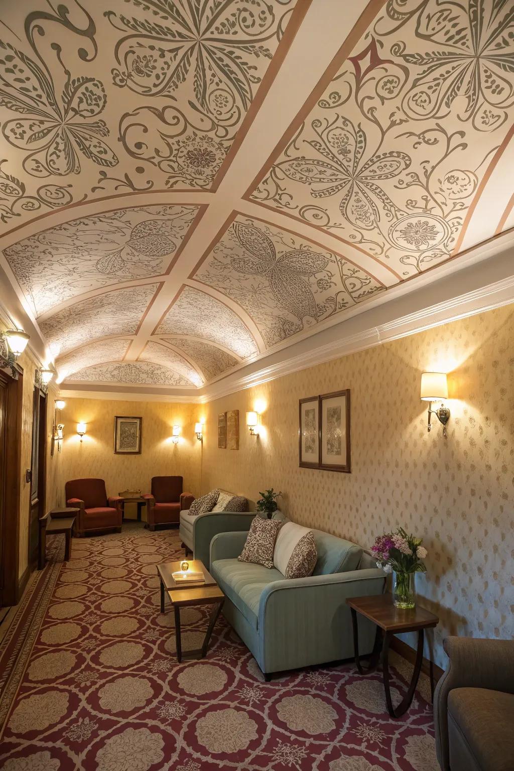A cozy room featuring a beautifully patterned wallpapered ceiling.