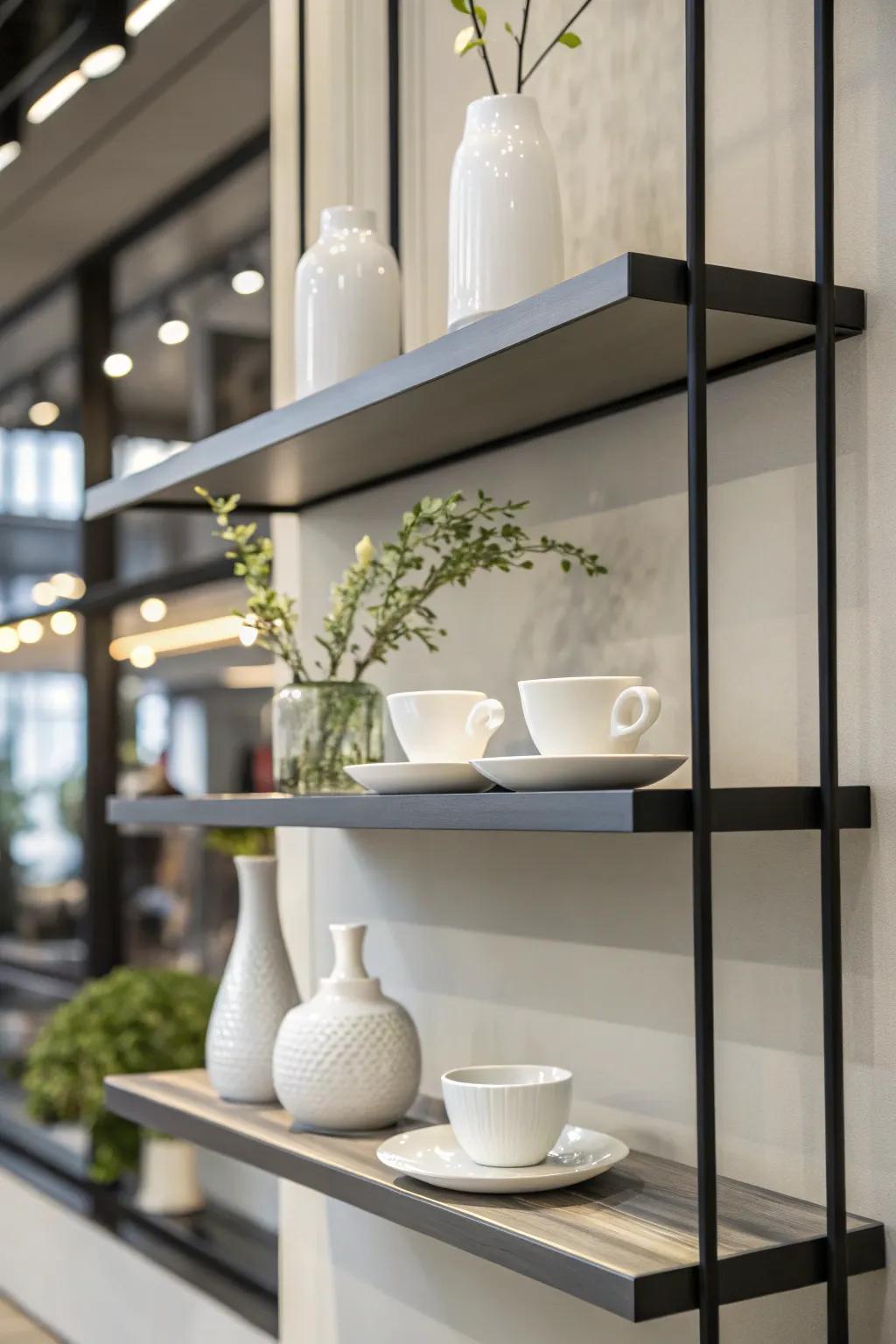 Minimalist floating shelves elegantly displaying a selection of china.